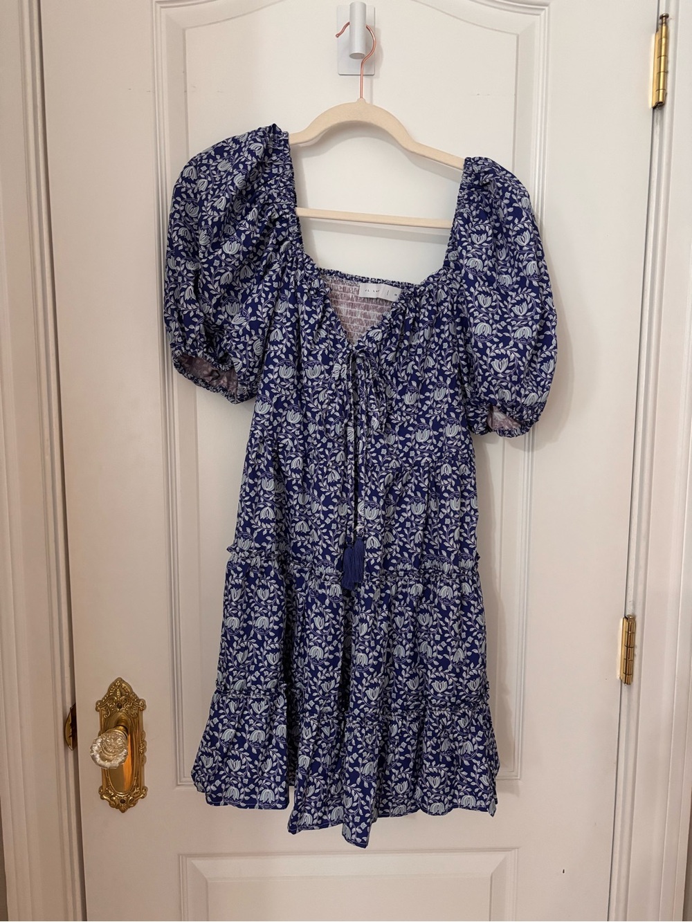 JL Luxe Navy Blue Floral Block Print Smocked Puff Sleeve Tiered Dress M